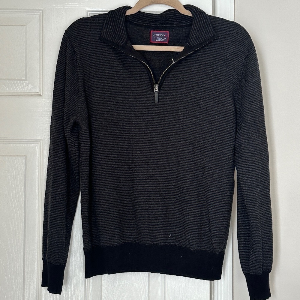 UnTUCKit 100% Merino Wool Quarter Zip Gray Grey Stripe Size Extra Large Men